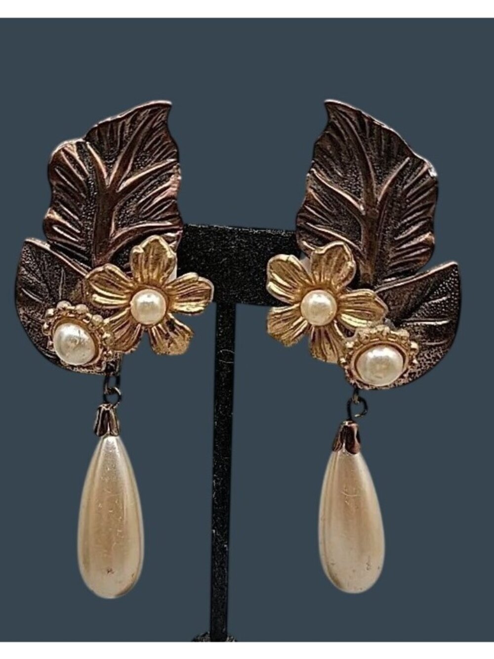 Vtg Large Flower Leaves Clip On Earrings Dangling Faux Pearls Gold & Brass Tone